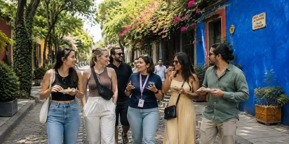 Food tour participants walk along a cobbled street in Coyoacán, Mexico City