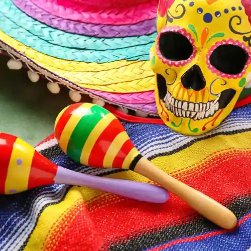 Day of the Dead mask and maracas