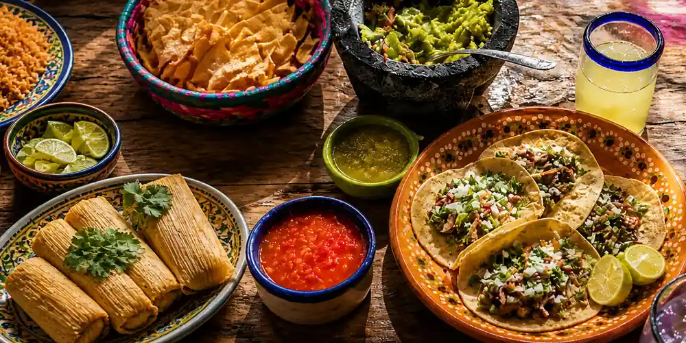Traditional Mexican dishes including tacos, tamales, guacamole, and salsa served on a restaurant table in Mexico City