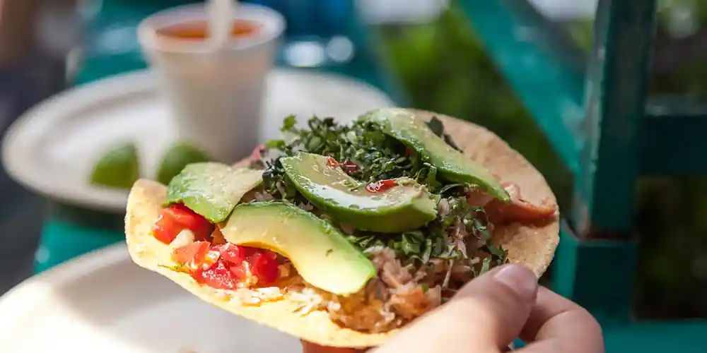Street taco topped with avocado, salsa, and fresh herbs in Mexico City