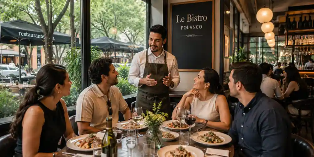Food tour participants dine at a restaurant in Polanco, Mexico City's leading dining district