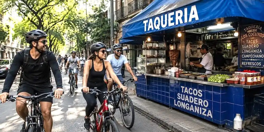Cyclists ride past a taco stand in Roma Norte during a Mexico City food tour