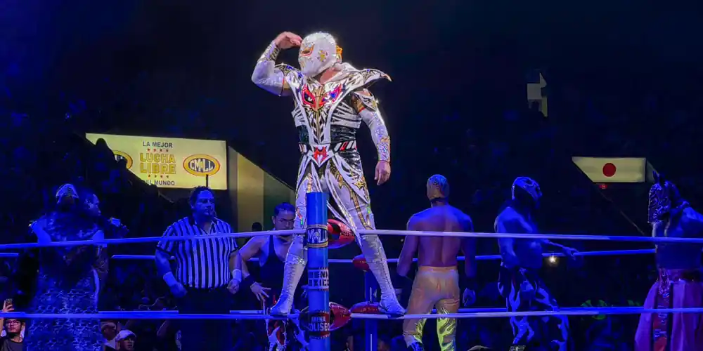 Lucha libre wrestler performing in the ring at Arena México