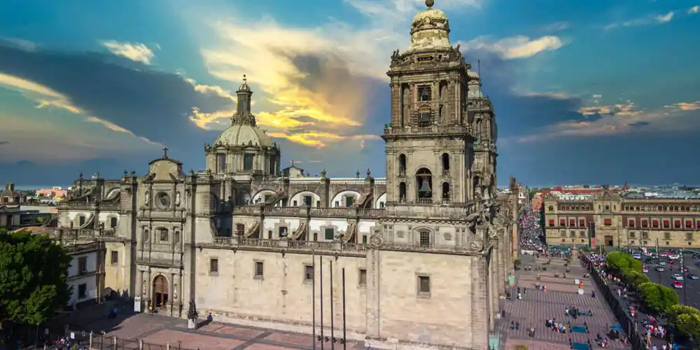 The Metropolitan Cathedral beside the Zócalo in Mexico City's Historic Center..