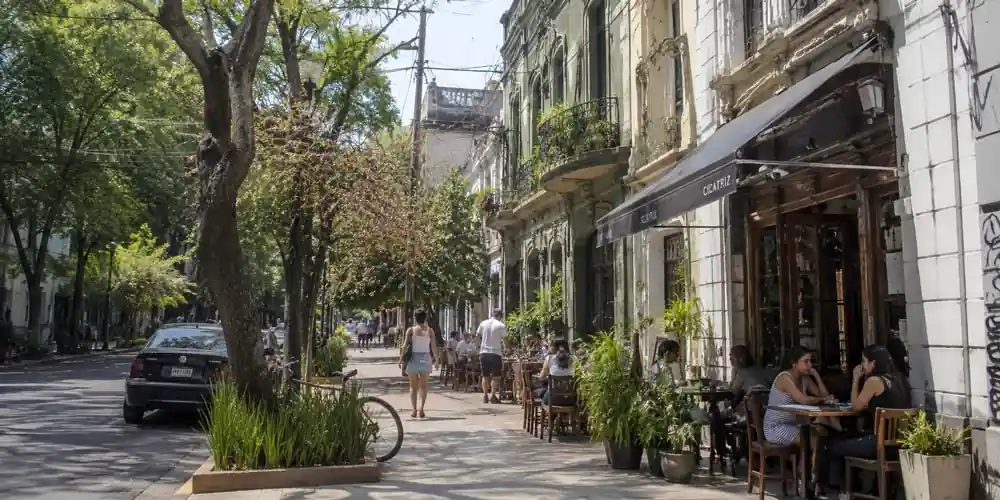 Sidewalk café and tree-lined boulevard in the Roma Norte neighborhood of Mexico City