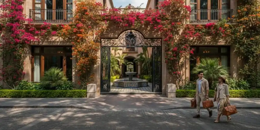 Couple arriving at a Mexico City hotel with luggage
