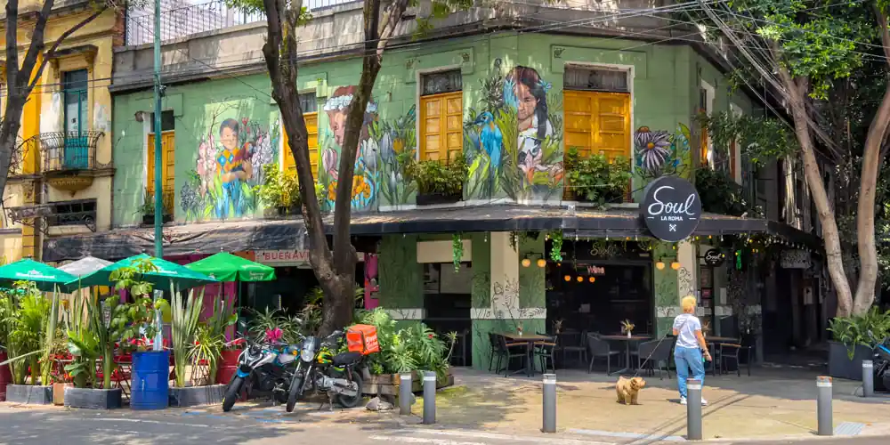 Sidewalk café and tree-lined boulevard in the Roma Norte neighborhood of Mexico City