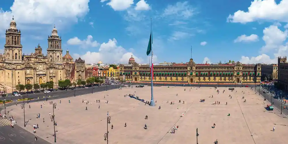 The Zócalo, Metropolitan Cathedral, and National Palace in Mexico City's Historic Center